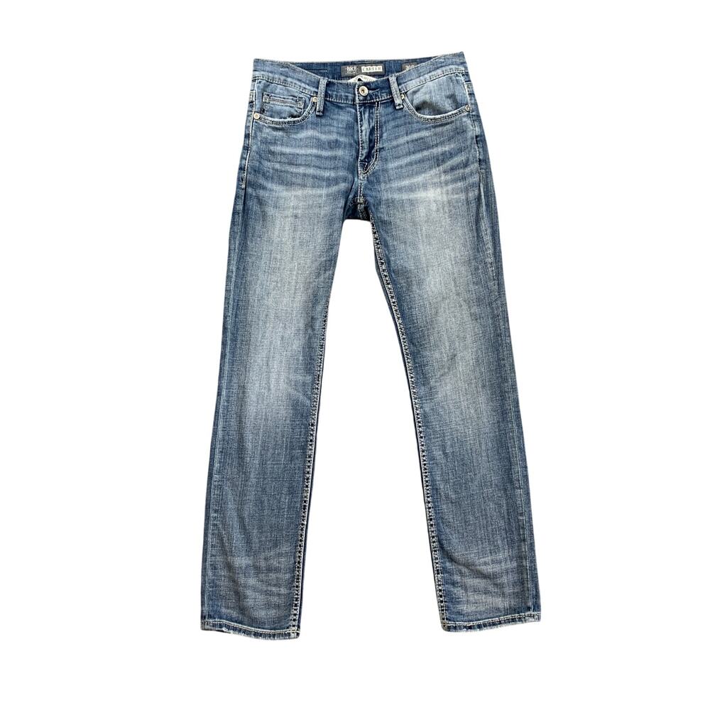 BKE Jeans Mens 30 Blue Carter Straight Leg Whiskered Stitch Pocket Stretch Denim